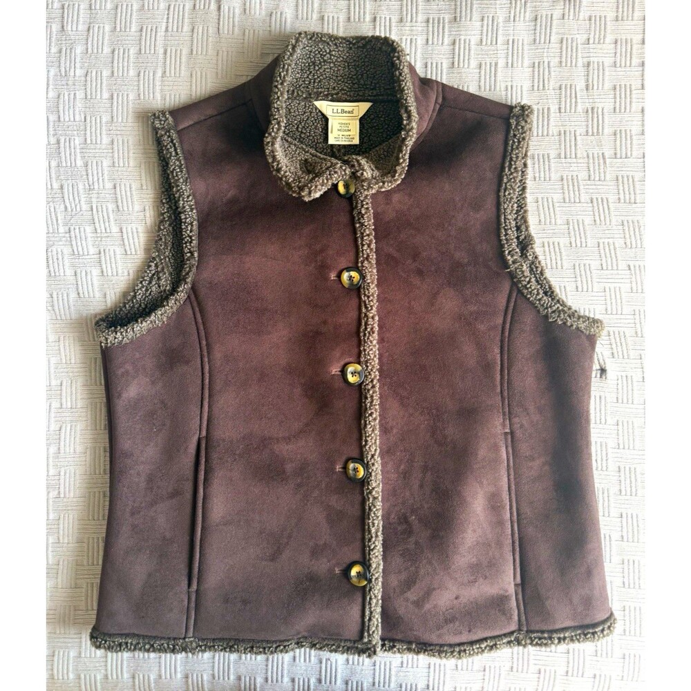 L.L.Bean Womens Petite PM Brown Sherpa Lined Collared Button Front Vest